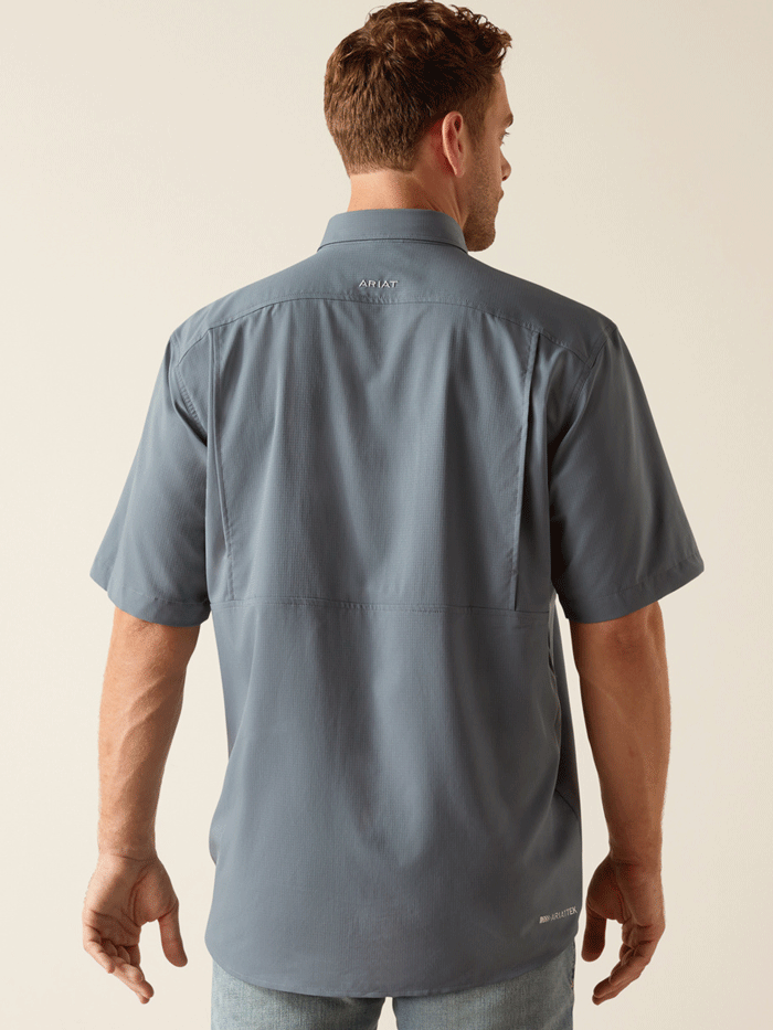 Ariat 10048844 Mens VentTEK Classic Fit Short Sleeve Shirt Newsboy Blue Grey front view. If you need any assistance with this item or the purchase of this item please call us at five six one seven four eight eight eight zero one Monday through Saturday 10:00a.m EST to 8:00 p.m EST