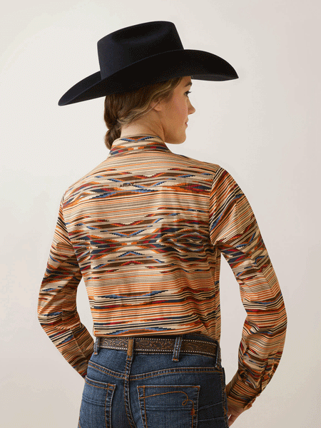 Ariat 10046704 Womens Kirby Stretch Shirt Sunset Saltillo Tan back view. If you need any assistance with this item or the purchase of this item please call us at five six one seven four eight eight eight zero one Monday through Saturday 10:00a.m EST to 8:00 p.m EST