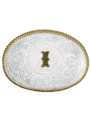 Montana Silversmiths 700 Initial Silver Engraved Gold Trim Western Belt Buckle letter I front view. If you need any assistance with this item or the purchase of this item please call us at five six one seven four eight eight eight zero one Monday through Saturday 10:00a.m EST to 8:00 p.m EST