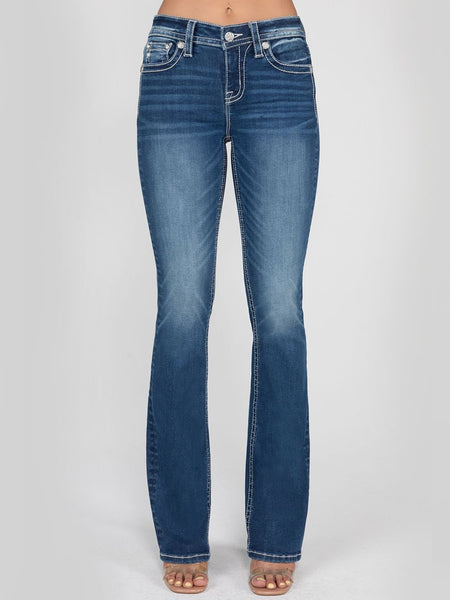 Miss Me M9251B Womens Mid Rise Bootcut Jeans Medium Blue front view. If you need any assistance with this item or the purchase of this item please call us at five six one seven four eight eight eight zero one Monday through Saturday 10:00a.m EST to 8:00 p.m EST