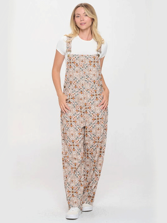 SM Wardrobe AW2431 Womens Bee Floral Print Overalls Tan