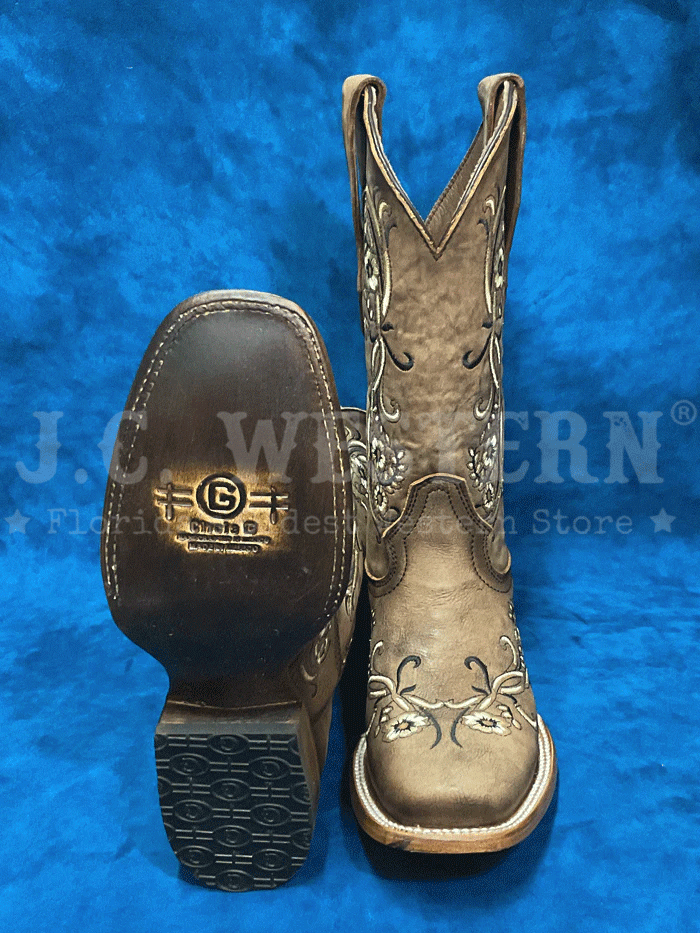 Circle G L2063 Ladies Floral Embroidery Square Toe Boot Brown Tan front and side view. If you need any assistance with this item or the purchase of this item please call us at five six one seven four eight eight eight zero one Monday through Saturday 10:00a.m EST to 8:00 p.m EST