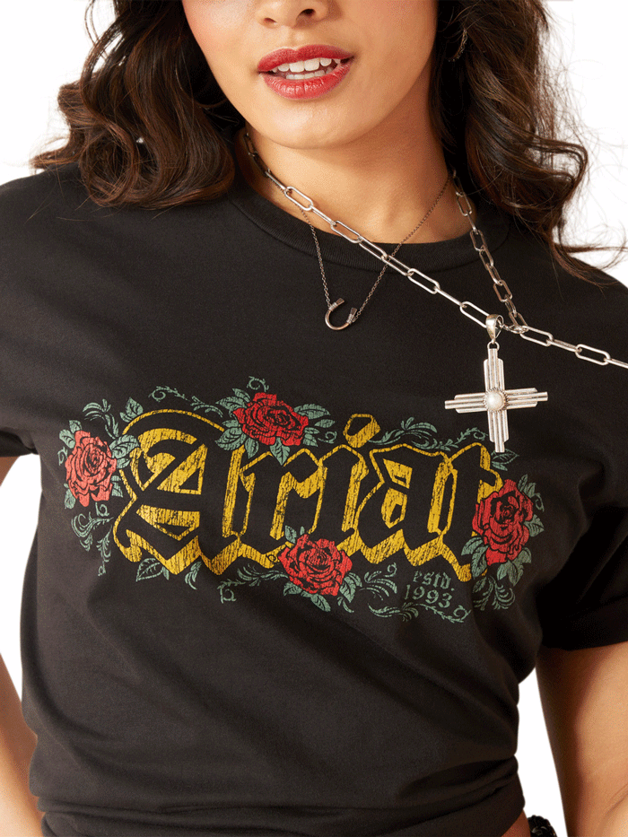 Ariat 10047607 Womens Gothic Florals T-Shirt Black Heather front view. If you need any assistance with this item or the purchase of this item please call us at five six one seven four eight eight eight zero one Monday through Saturday 10:00a.m EST to 8:00 p.m EST