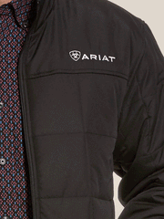 Ariat 10028355 Mens Crius Insulated Jacket Black front close up view. If you need any assistance with this item or the purchase of this item please call us at five six one seven four eight eight eight zero one Monday through Saturday 10:00a.m EST to 8:00 p.m EST