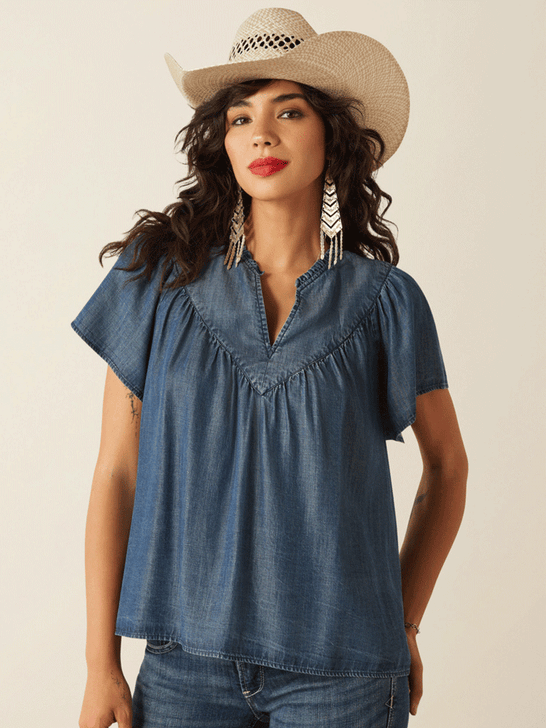 Ariat 10055137 Womens Emma Top Medium Blue front view. If you need any assistance with this item or the purchase of this item please call us at five six one seven four eight eight eight zero one Monday through Saturday 10:00a.m EST to 8:00 p.m EST