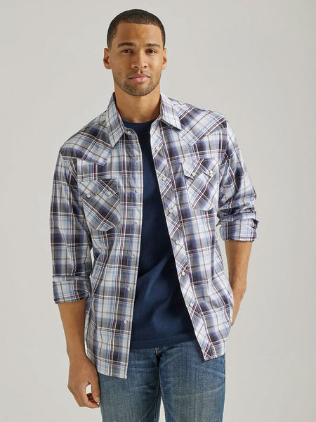 Wrangler 112337455 Mens Retro Long Sleeve Shirt Multi Blue Plaid front view. If you need any assistance with this item or the purchase of this item please call us at five six one seven four eight eight eight zero one Monday through Saturday 10:00a.m EST to 8:00 p.m EST