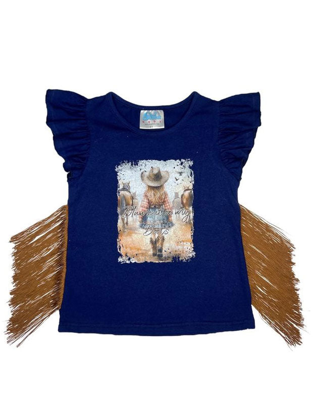 Shea Baby VINB05 Kids Blame It On My Boots Fringe Onesie Navy front view on model.  If you need any assistance with this item or the purchase of this item please call us at five six one seven four eight eight eight zero one Monday through Saturday 10:00a.m EST to 8:00 p.m EST
