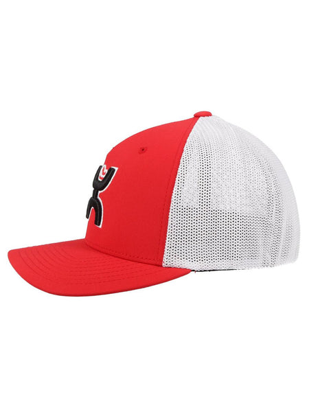 Hooey 2112RDWH COACH Mid Profile Flexfit Trucker Hat Red White left side view. If you need any assistance with this item or the purchase of this item please call us at five six one seven four eight eight eight zero one Monday through Saturday 10:00a.m EST to 8:00 p.m EST