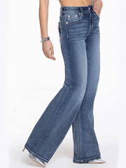 Miss Me H9478W2L Womens Maya Logo Wide Leg High Rise Jeans Medium Wash side view. If you need any assistance with this item or the purchase of this item please call us at five six one seven four eight eight eight zero one Monday through Saturday 10:00a.m EST to 8:00 p.m EST
