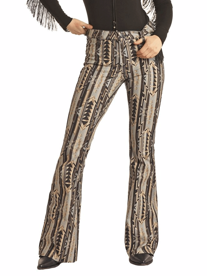 Rock & Roll Denim BW6PD02928 Womens Reversible Button Flare Pant Aztec Print And Black front and back showing both colors. If you need any assistance with this item or the purchase of this item please call us at five six one seven four eight eight eight zero one Monday through Saturday 10:00a.m EST to 8:00 p.m EST