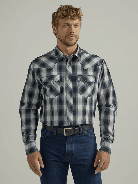 Wrangler 112330511 Mens Long Sleeve Fashion Western Snap Plaid Shirt Grisaille front view. If you need any assistance with this item or the purchase of this item please call us at five six one seven four eight eight eight zero one Monday through Saturday 10:00a.m EST to 8:00 p.m EST