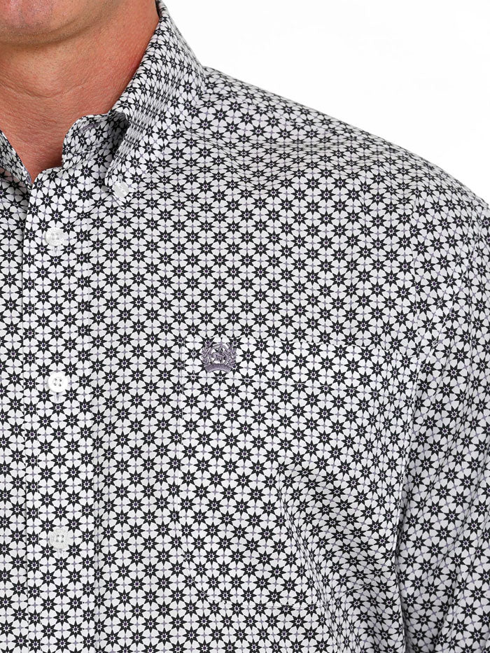Cinch MTW1105633 Mens Geometric Print Button Down Western Shirt White Purple front view. If you need any assistance with this item or the purchase of this item please call us at five six one seven four eight eight eight zero one Monday through Saturday 10:00a.m EST to 8:00 p.m EST