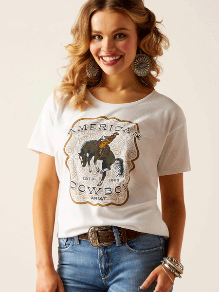Ariat 10051439 Womens American Cowboy T-Shirt White front view. If you need any assistance with this item or the purchase of this item please call us at five six one seven four eight eight eight zero one Monday through Saturday 10:00a.m EST to 8:00 p.m EST