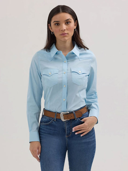 Wrangler 112358015 Womens Western Button Down Shirt Blue front view. If you need any assistance with this item or the purchase of this item please call us at five six one seven four eight eight eight zero one Monday through Saturday 10:00a.m EST to 8:00 p.m EST