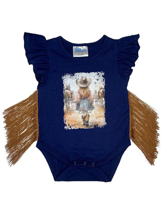 Shea Baby VINB05 Kids Blame It On My Boots Fringe Onesie Navy front view. If you need any assistance with this item or the purchase of this item please call us at five six one seven four eight eight eight zero one Monday through Saturday 10:00a.m EST to 8:00 p.m EST