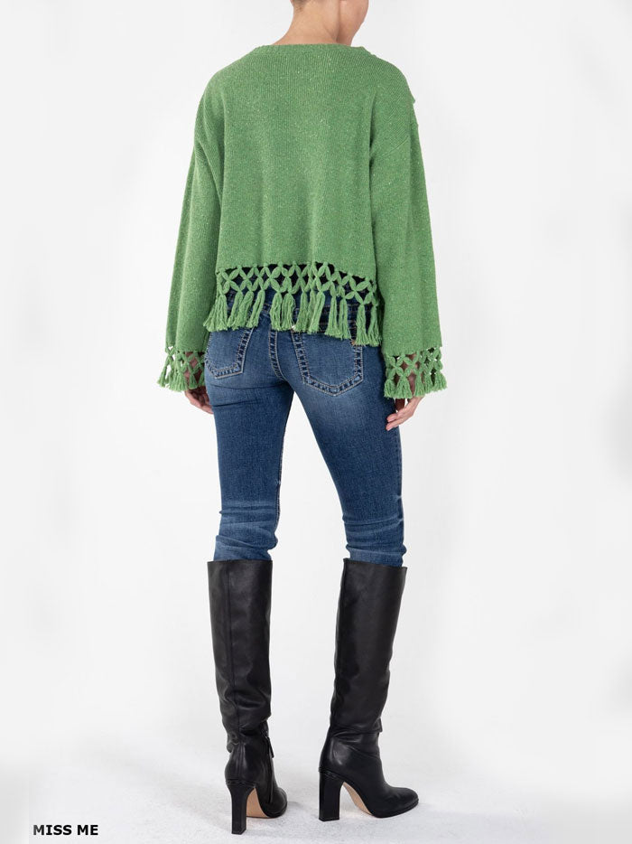 Miss Me MSW0421L Womens Knitted Fringe Sweater Green close up. If you need any assistance with this item or the purchase of this item please call us at five six one seven four eight eight eight zero one Monday through Saturday 10:00a.m EST to 8:00 p.m EST