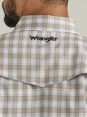 Wrangler 112333324 Mens Performance Long Sleeve Snap Shirt Tan back close up view. If you need any assistance with this item or the purchase of this item please call us at five six one seven four eight eight eight zero one Monday through Saturday 10:00a.m EST to 8:00 p.m EST
