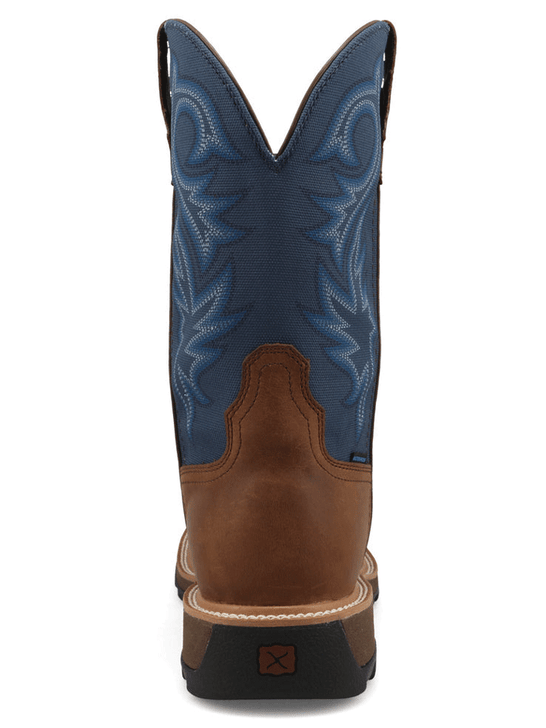 Brown and blue cowboy boot on a white background back view. If you need any assistance with this item or the purchase of this item please call us at five six one seven four eight eight eight zero one Monday through Saturday 10:00a.m EST to 8:00 p.m EST