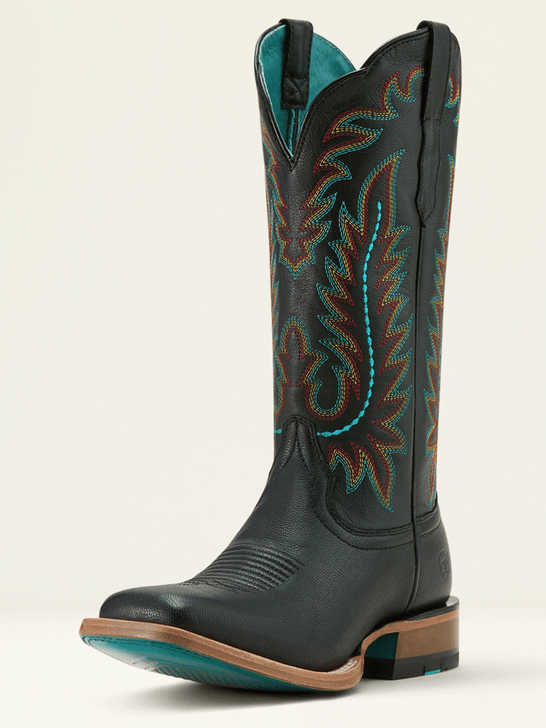 Ariat 10061180 Womens Frontier Tilly Western Boot Obsidian Black front and side view. If you need any assistance with this item or the purchase of this item please call us at five six one seven four eight eight eight zero one Monday through Saturday 10:00a.m EST to 8:00 p.m EST