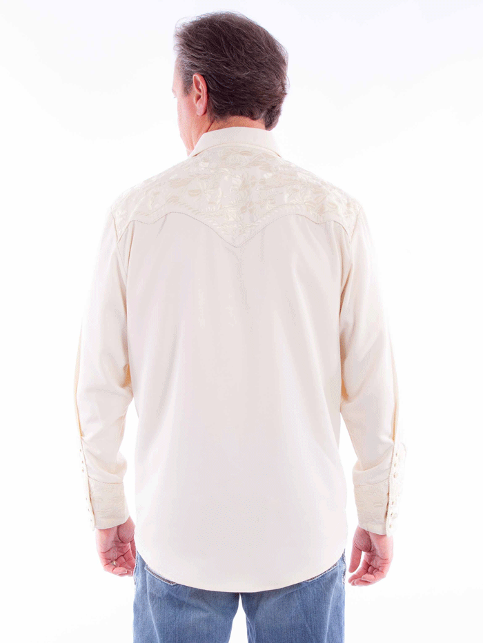 Scully P-634-IVO Mens Floral Tooled Embroidery Western Shirt Ivory front view. If you need any assistance with this item or the purchase of this item please call us at five six one seven four eight eight eight zero one Monday through Saturday 10:00a.m EST to 8:00 p.m EST