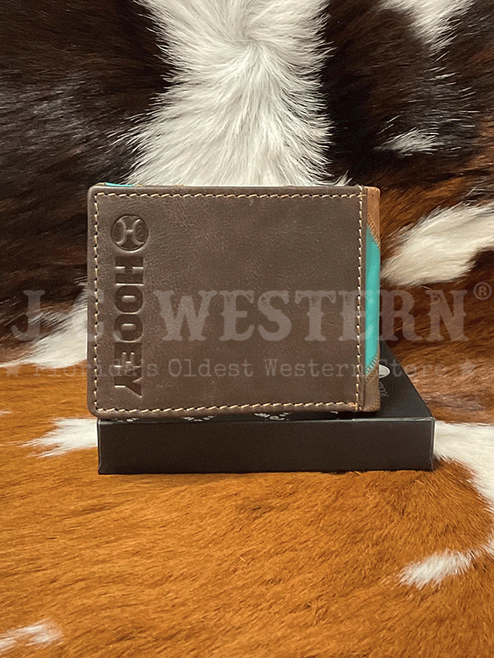 Hooey HFBF007-BRTQ Mens Pocket Bi-Fold Wallet Patchwork Front Turquoise front view. If you need any assistance with this item or the purchase of this item please call us at five six one seven four eight eight eight zero one Monday through Saturday 10:00a.m EST to 8:00 p.m EST