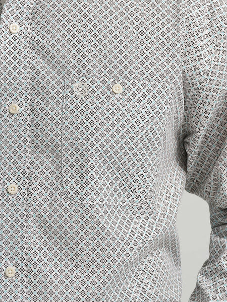 Wrangler 112368201 Mens George Strait Collection Button Down Western Shirt Coffee Net front close up. If you need any assistance with this item or the purchase of this item please call us at five six one seven four eight eight eight zero one Monday through Saturday 10:00a.m EST to 8:00 p.m EST