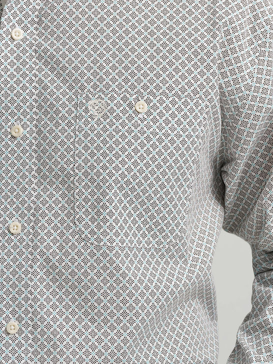 Wrangler 112368201 Mens George Strait Collection Button Down Western Shirt Coffee Net front close up. If you need any assistance with this item or the purchase of this item please call us at five six one seven four eight eight eight zero one Monday through Saturday 10:00a.m EST to 8:00 p.m EST