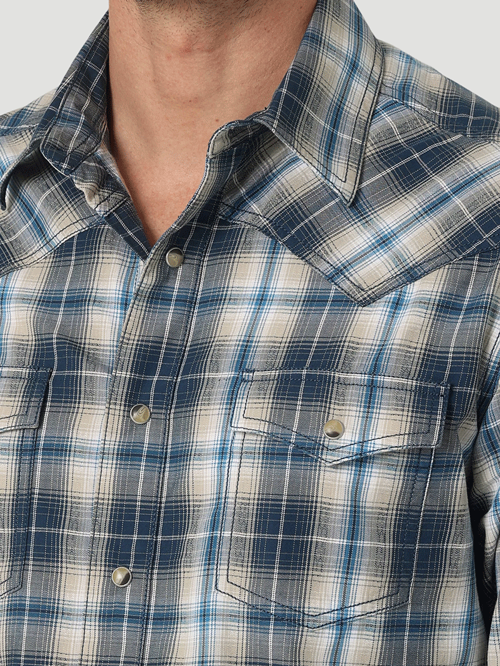 Wrangler 112327793 Mens Retro Premium Long Sleeve Plaid Shirt Deep Indigo front view. If you need any assistance with this item or the purchase of this item please call us at five six one seven four eight eight eight zero one Monday through Saturday 10:00a.m EST to 8:00 p.m EST