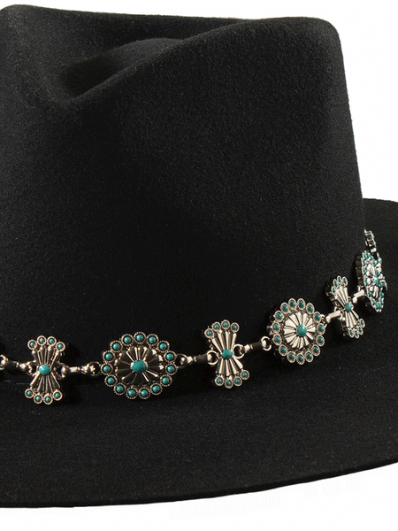 3D D740002133 Scalloped Oval Butterfly Conchos Turquoise Hatband Silver on hat. If you need any assistance with this item or the purchase of this item please call us at five six one seven four eight eight eight zero one Monday through Saturday 10:00a.m EST to 8:00 p.m EST