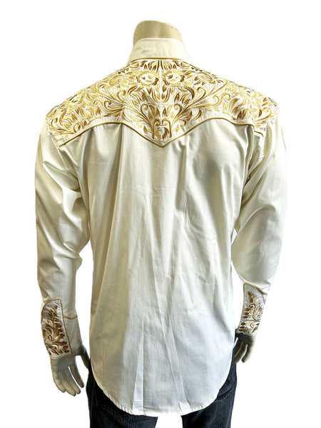 Rockmount 6859-IG Men's Vintage Tooling Embroidered Western Shirt Ivory Gold back view. If you need any assistance with this item or the purchase of this item please call us at five six one seven four eight eight eight zero one Monday through Saturday 10:00a.m EST to 8:00 p.m EST