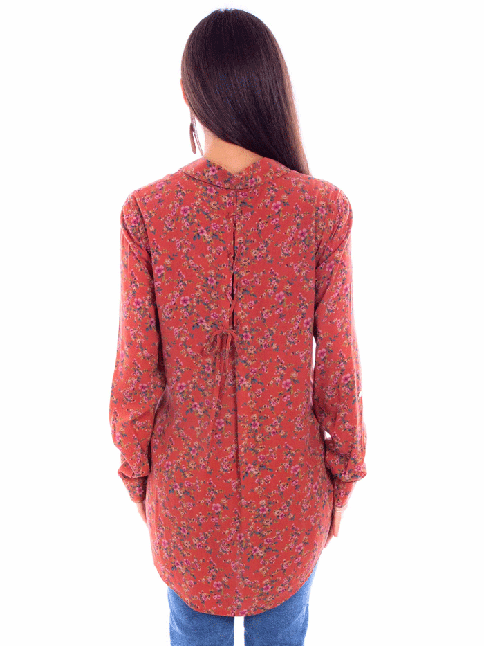 Scully HC843-RUS Womens Printed Ditsy Floral Lace Up Back Blouse Rust front view. If you need any assistance with this item or the purchase of this item please call us at five six one seven four eight eight eight zero one Monday through Saturday 10:00a.m EST to 8:00 p.m EST