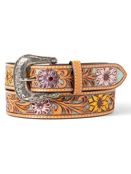 Ariat A1566197 Womens Sunflower Daisy Hand Tooled Belt Multi Colored front view. If you need any assistance with this item or the purchase of this item please call us at five six one seven four eight eight eight zero one Monday through Saturday 10:00a.m EST to 8:00 p.m EST