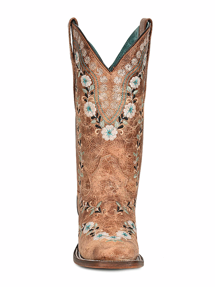 Corral A4398 Ladies Floral Embroidery Square Toe Western Boot Distressed Cognac front and side view. If you need any assistance with this item or the purchase of this item please call us at five six one seven four eight eight eight zero one Monday through Saturday 10:00a.m EST to 8:00 p.m EST