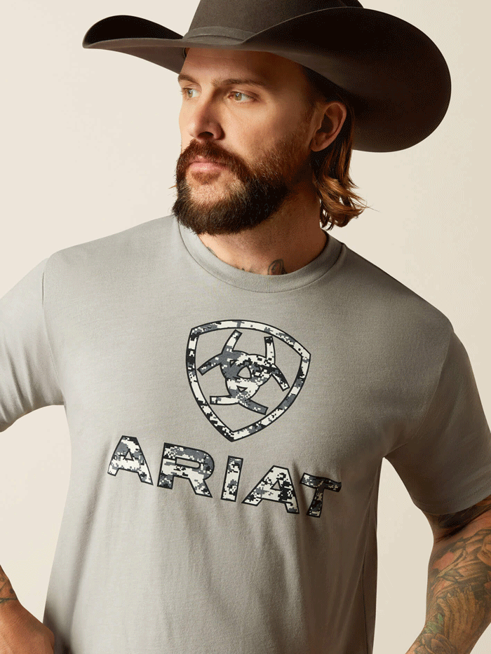 Ariat 10054178 Mens Liberty USA Digi Camo T-Shirt Stone Heather front view. If you need any assistance with this item or the purchase of this item please call us at five six one seven four eight eight eight zero one Monday through Saturday 10:00a.m EST to 8:00 p.m EST