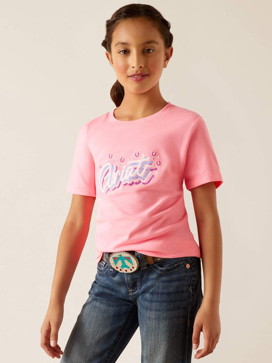 Ariat 10047907 Kids Rainbow Script T-Shirt Neon Pink Heather front view. If you need any assistance with this item or the purchase of this item please call us at five six one seven four eight eight eight zero one Monday through Saturday 10:00a.m EST to 8:00 p.m EST