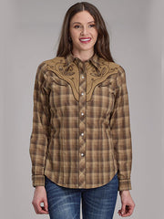 Roper 01-050-0024-1071 Womens Long Sleeve Plaid Shirt Brown Tan front view. If you need any assistance with this item or the purchase of this item please call us at five six one seven four eight eight eight zero one Monday through Saturday 10:00a.m EST to 8:00 p.m EST