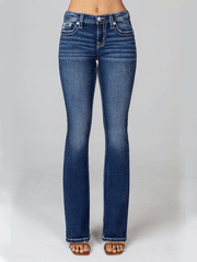 Miss Me M9183B Womens Vines And Horseshoe Bootcut Jean Dark Blue full front view. If you need any assistance with this item or the purchase of this item please call us at five six one seven four eight eight eight zero one Monday through Saturday 10:00a.m EST to 8:00 p.m EST