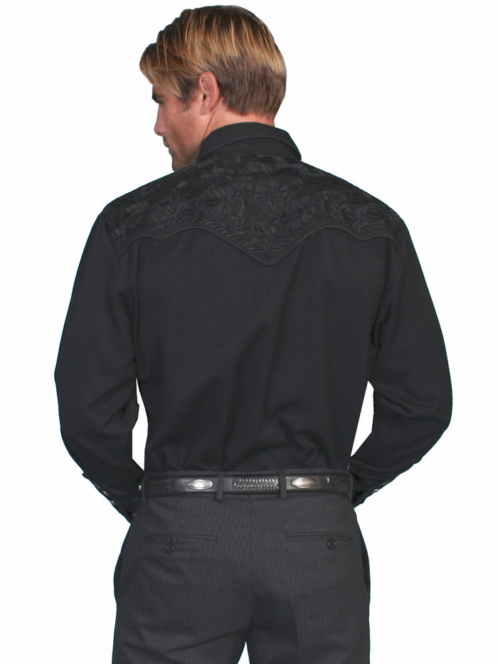 Scully P-634-JET Mens Floral Tooled Embroidered Western Shirt Jet Black front view. If you need any assistance with this item or the purchase of this item please call us at five six one seven four eight eight eight zero one Monday through Saturday 10:00a.m EST to 8:00 p.m EST