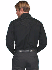 Scully P-634-JET Mens Floral Tooled Embroidered Western Shirt Jet Black back view. If you need any assistance with this item or the purchase of this item please call us at five six one seven four eight eight eight zero one Monday through Saturday 10:00a.m EST to 8:00 p.m EST