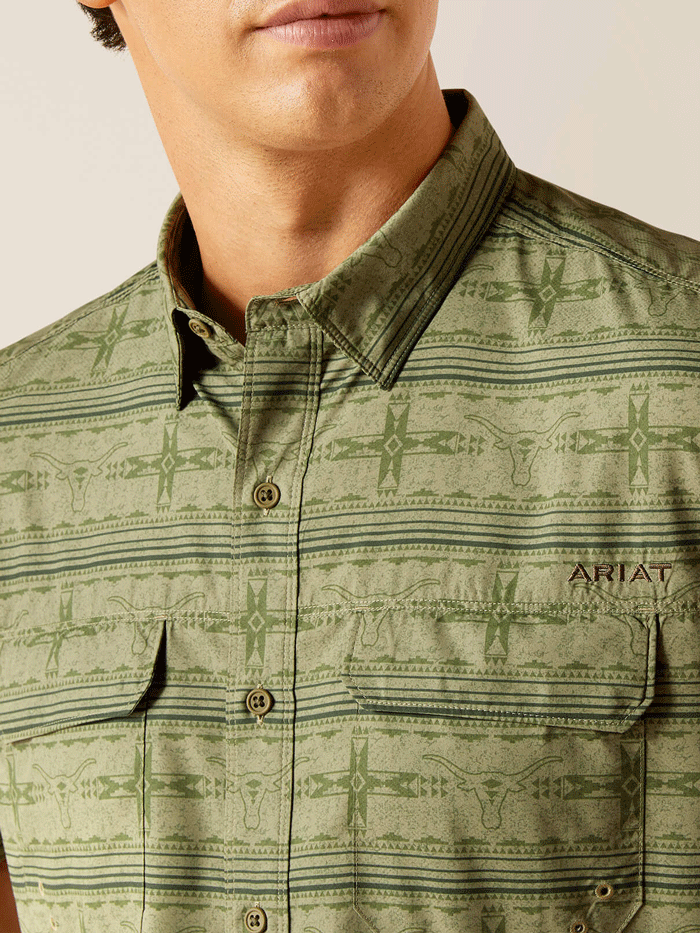 Ariat 10049019 Mens VentTEK Outbound Fitted Shirt Four Leaf Clover front view. If you need any assistance with this item or the purchase of this item please call us at five six one seven four eight eight eight zero one Monday through Saturday 10:00a.m EST to 8:00 p.m EST