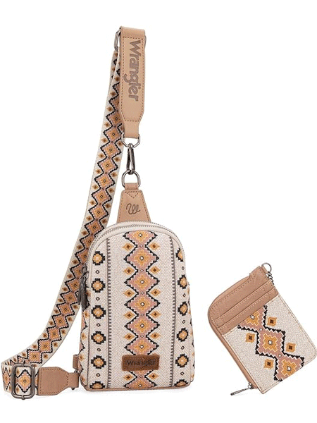 Wrangler WG2205-210WTN Womens Aztec Print Crossbody Sling Chest Bag With Zip Card Holder Set Tan front. If you need any assistance with this item or the purchase of this item please call us at five six one seven four eight eight eight zero one Monday through Saturday 10:00a.m EST to 8:00 p.m EST

