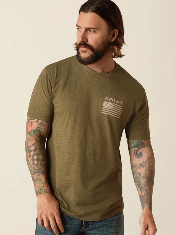 Ariat 10054176 Mens Freedom T-Shirt Military Heather Olive back. If you need any assistance with this item or the purchase of this item please call us at five six one seven four eight eight eight zero one Monday through Saturday 10:00a.m EST to 8:00 p.m EST