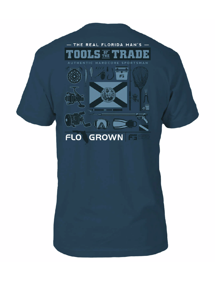 FloGrown FGM-1598 Mens Fishing Tools Of The Trade Tee Blue back view. If you need any assistance with this item or the purchase of this item please call us at five six one seven four eight eight eight zero one Monday through Saturday 10:00a.m EST to 8:00 p.m EST