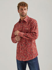 Wrangler 112338179 Mens Way Out West Western Snap Shirt Terracota front view. If you need any assistance with this item or the purchase of this item please call us at five six one seven four eight eight eight zero one Monday through Saturday 10:00a.m EST to 8:00 p.m EST