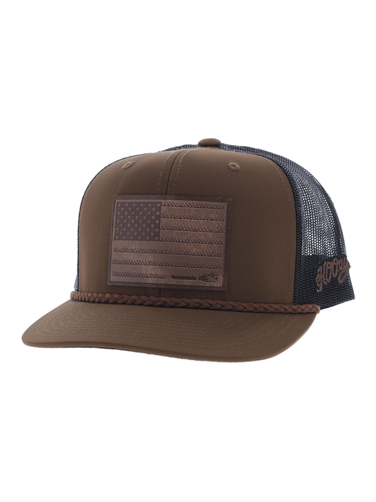 Hooey 2510T-BRBK LIBERTY ROPER 6 Panel Trucker Cap With Leather Patch Brown front and side view. If you need any assistance with this item or the purchase of this item please call us at five six one seven four eight eight eight zero one Monday through Saturday 10:00a.m EST to 8:00 p.m EST