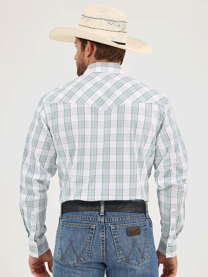 Wrangler 112359549 Mens 20X Competition Western Shirt Beryl Plaid Green front view. If you need any assistance with this item or the purchase of this item please call us at five six one seven four eight eight eight zero one Monday through Saturday 10:00a.m EST to 8:00 p.m EST