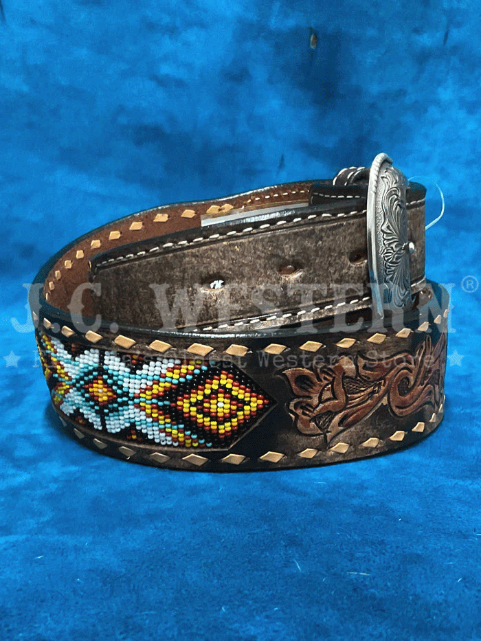 3D D100013402 Mens Buck Lacing Beaded Inlay Belt Brown front view. If you need any assistance with this item or the purchase of this item please call us at five six one seven four eight eight eight zero one Monday through Saturday 10:00a.m EST to 8:00 p.m EST