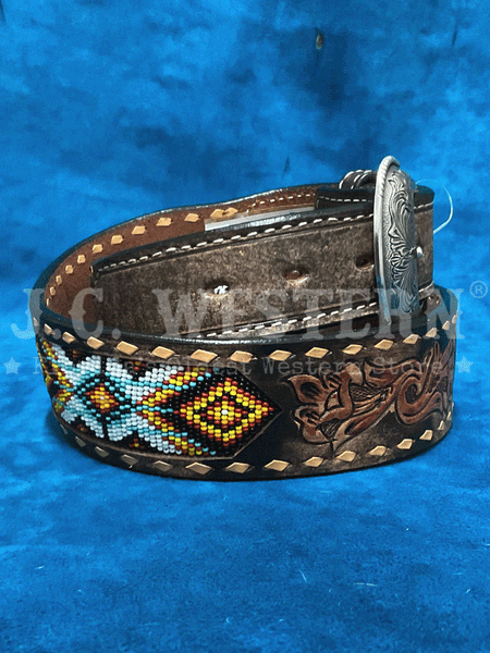 3D D100013402 Mens Buck Lacing Beaded Inlay Belt Brown right side view. If you need any assistance with this item or the purchase of this item please call us at five six one seven four eight eight eight zero one Monday through Saturday 10:00a.m EST to 8:00 p.m EST