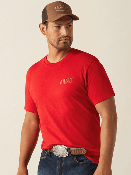 Ariat 10058884 Mens Leather Shield T-Shirt Redline front view. If you need any assistance with this item or the purchase of this item please call us at five six one seven four eight eight eight zero one Monday through Saturday 10:00a.m EST to 8:00 p.m EST