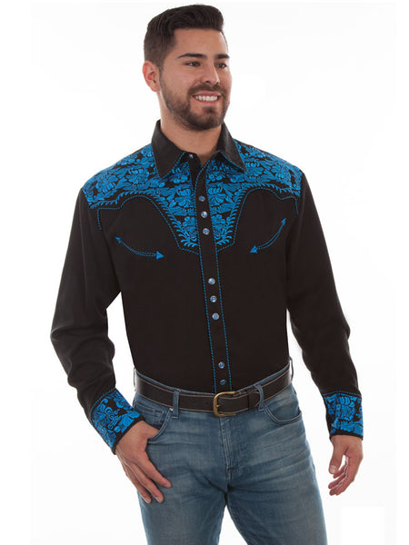 Scully P-634-ROY Mens Floral Tooled Embroidery Western Shirt Royal front view. If you need any assistance with this item or the purchase of this item please call us at five six one seven four eight eight eight zero one Monday through Saturday 10:00a.m EST to 8:00 p.m EST